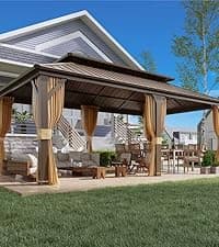 YOLENY 10'x13' Hardtop Gazebo, Outdoor Polycarbonate Double Roof Canopy, Aluminum Frame Permanent Pavilion with Curtains and Netting, Sunshade for Garden, Patio, Lawns