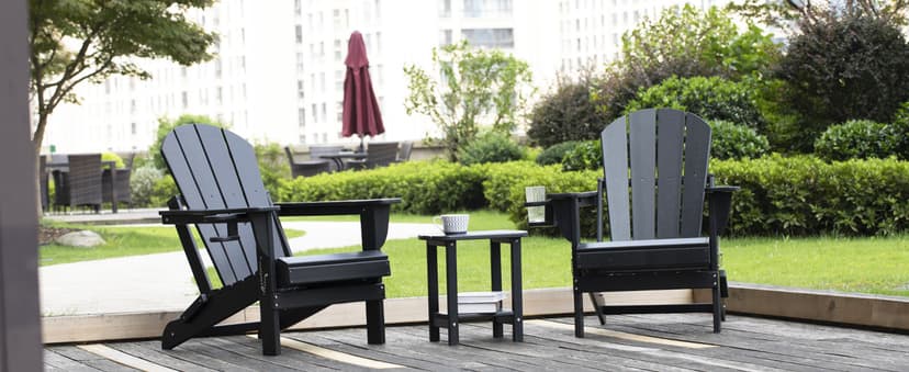 nalone Folding Adirondack Chairs Set of 2 with Cushions and Cup Holder, HDPE Plastic Oversized Patio Chair Weather Resistant, Used in Outdoor, Fire Pit, Deck, Garden, Campfire Chairs (Black)