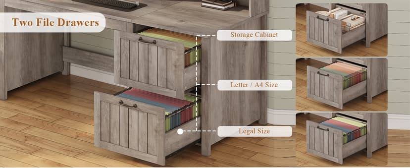 SEDETA Farmhouse 63" Executive Desk, Wood Computer Desk with Drawers and Storage Cabinet, Home Office Desk with File Drawer and Monitor Stand, Wood Desk for Work Study Writing, Grey