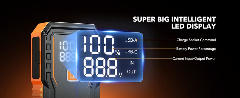 OXILAM Jump Starter 6000A for All Gas/12L Diesel, Car Battery Jumper Starter Portable, 12V Lithium Jump Box with Jumper Cables, LED Display, LED Light, Power Bank with USB, Type C Port