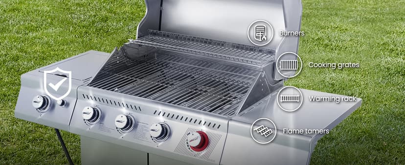 Royal Gourmet GA4402S 4 Burner Propane Gas Grill with Side Burner & Warming Rack, Stainless Steel Gas Grill with 54,000 BTUs Output for Barbecue Grilling & Backyard Cooking, Silver