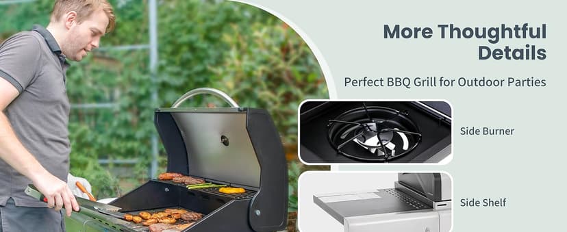 Captiva Designs 4-Burner Propane Gas BBQ Grill with Side Burner & Porcelain-Enameled Cast Iron Grates, 42,000 BTU Output Stainless Steel Grill for Outdoor Cooking Kitchen and Patio Backyard Barbecue