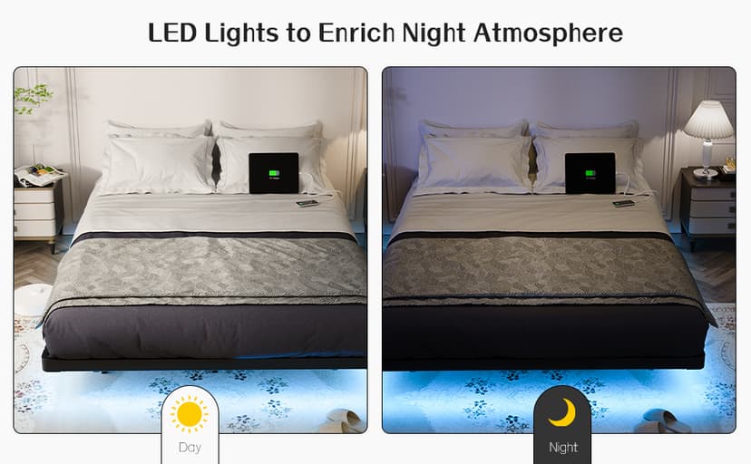 OLEVS Floating Bed Frame Full Size with Smart LED Lights and Charging Station - Modern Metal Platform Bed, Easy Assembly No Box Spring Needed