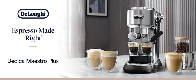 De'Longhi Dedica Maestro Plus Espresso Machine, Automatic Steam Wand, 3 Coffee Temp & Milk Foam Settings, 54oz Removable Tank, Easy-to-Clean Dishwasher-Safe Parts, Compact Stainless Steel Design
