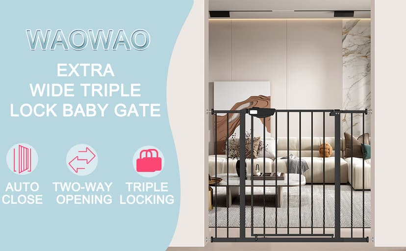 WAOWAO Triple Lock Baby Gate Extra Wide 67.32-72.04" Pressure Mounted Walk Through Swing Auto Close Safety Black Metal Dog Pet Puppy Cat for Stairs,Doorways,Kitchen
