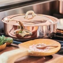 Mauviel M'Heritage 200 B 2mm Polished Copper & Stainless Steel Frying Pan With Brass Handles, 10.24-in, Made In France