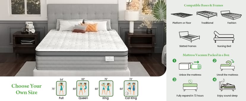 Onlylucky Firm King Size Mattress - 14 Inch Gel Memory Foam Mattress with Individual Pocket Spring for Pressure Relief & Motion Isolation, Premier Comfort Night Sleep, Enhanced Support Hybrid King Bed
