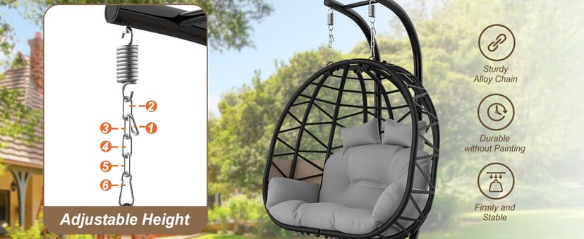 ZENPETIO Double Egg Chair with Stand, 2 Person Swing Egg Chair, Rattan Wicker Swing Chair with UV Resistant Cushion and Pillow, for Indoor Outdoor Bedroom Patio Hanging, Black