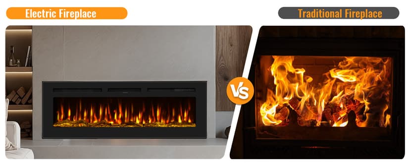 60 Inch Electric Fireplace in-Wall Recessed and Wall Mounted, Ultra-Thin Linear Fireplace Heater 750/1500W with Realistic Flame, Higher Temperatures & Lower Noise, Log Set & Crystal Options