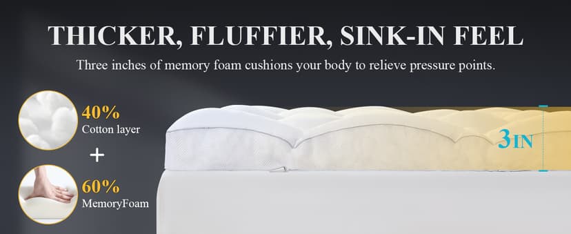 DOWNCOOL 3 Inch Queen Mattress, Ultra Thick and Fluffy Supportive Memory Foam Mattress Topper for Body Pain, Pad with Breathable Mesh Design for Deep Sleep, 80x60x3 Inches