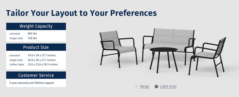 EAST OAK 4 Seats Outdoor Furniture Set, Waterproof Patio Furniture Set, Patio Loveseat with Coffee Table for Porch or Garden, 4-Piece Patio Conversation Sets for Balcony, Upgrade Grey