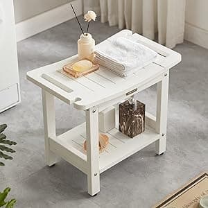 Waterproof Shower Bench, White Poly Shower Stool for Shaving Legs, Shower Chair Seat with Handles & Shower Head Holder, Plastic Bathroom Bench with Adjustable Feet for Inside Shower, Non-Slip