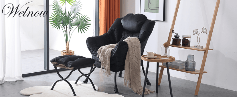 Welnow Lazy Chair with Ottoman, Modern Lounge Accent Chair with Armrests and a Side Pocket, Leisure Sofa Armchair, Reading Armchair with Footrest for Small Space, Plush Grey