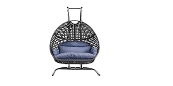 Double Egg Chair with Stand, 2 Person Heavy Duty Hanging Wicker Rattan Swinging Chair Hammock Nest Chair for Indoor Outdoor Patio Lounger Swinging Loveseat Perfect for Balcony Garden - Dust Blue