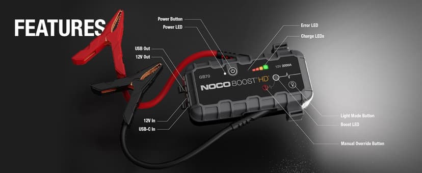 NOCO Boost GB70: 2000A UltraSafe Jump Starter – 12V Lithium Battery Booster Pack, Portable Jump Box, Power Bank & Jumper Cables - for 8.0L Gas and 6.0L Diesel Engines