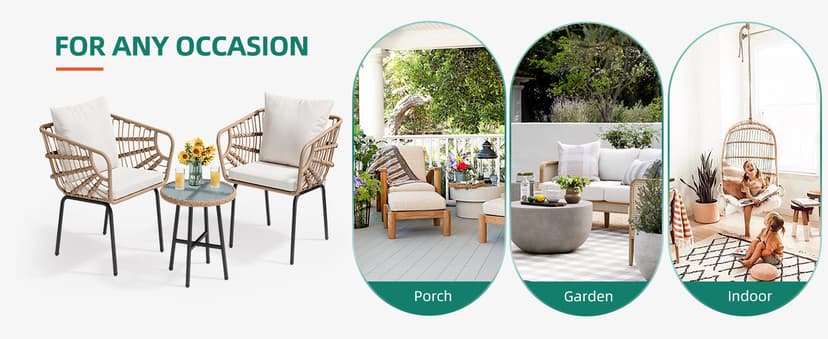 YITAHOME 3-Piece Outdoor Wicker Patio Conversation Bistro Set, All-Weather Furniture Set with Table & Cushions, Outdoor Sectional Sofa for Balcony, Backyard, Deck, Beige