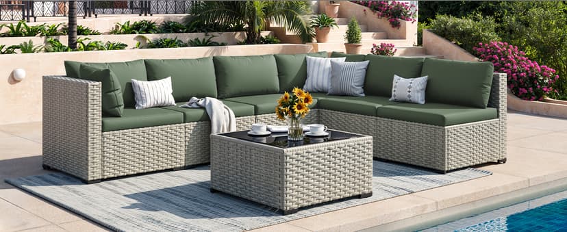 Patio Furniture Set, 7-Piece Outdoor Sectional All-Weather Wicker Patio Conversation Set for Backyard (Green Cushions with Grey Rattan)