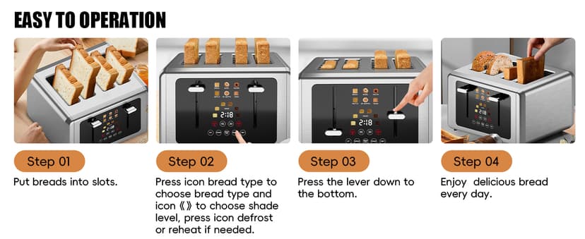 4 Slice Toaster, Touchscreen & Dual Independent Control Panel,5 Basic Functions & Digital Countdown Toasters, 6 Shade Settings&6 Bread Types, Smart Bread Maker Mute/Screen-Off,Stainless steel