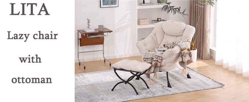 LITA Lazy Chair with Ottoman, Modern Accent Leisure Upholstered Lazy Sofa Armchair, Contemporary Lounge Reading Chair with Armrests and a Side Pocket for Living Room, Bedroom & Small Space, Dark Grey