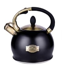SUSTEAS Tea Kettle - 3.17QT Whistling Kettle with Ergonomic Handle - Premium Stainless Steel Tea Pots for Stove Top, Chic Vintage Teapot with Composite Base, Work for All Stovetops (Black)
