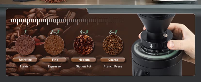 Huanyu Commercial Coffee Grinder Variable Speed Time Based Dosing Flat Burr Knob Control Professional Grinder with 8 Stepless Grinding Settings