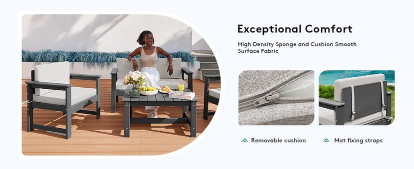 SERWALL 5 Pieces HDPE Outdoor Sofa Set with Cushions, All Weather Use Patio Conversation Couch Loveseat Furniture with Coffee Table for Balcony, Deck, Poolside, Grey Frame with Khaki Cushions