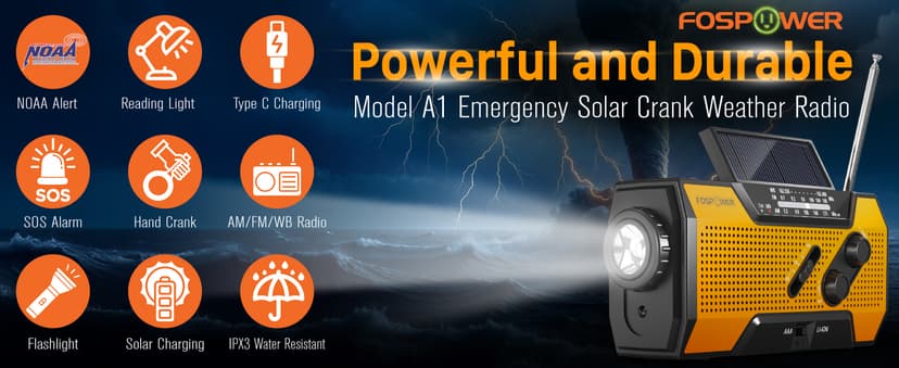 FosPower Emergency Weather Radio (Model A1) NOAA/AM/FM with 7400mWh Portable Power Bank, USB/Solar/Hand Crank Charging, Battery Operated, SOS Alarm & Flashlight for Indoor/Outdoor Emergencies