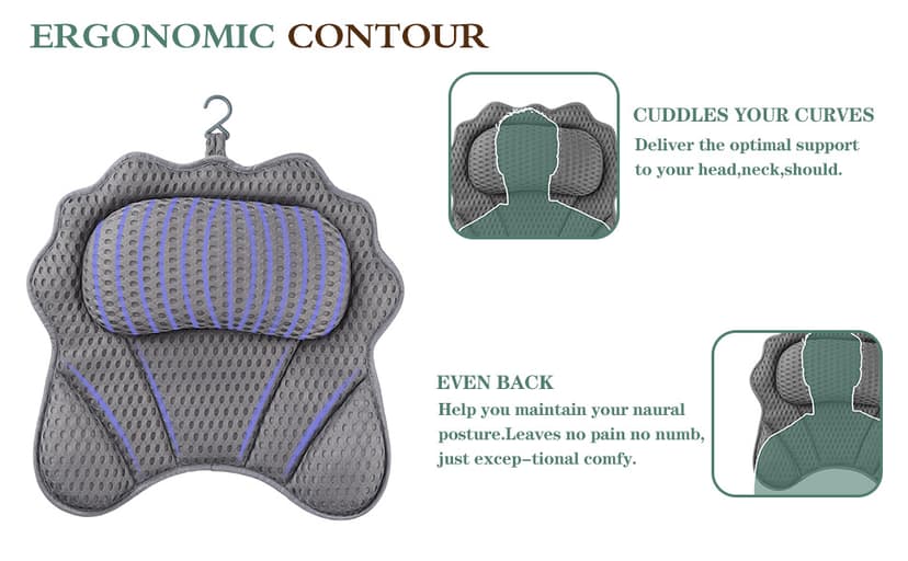 Bath Pillow RUVINCE Ergonomic Luxury Bathtub Pillow with Head,Neck, Shoulder and Back Support, 4D Bath Pillows for tub with 6 Powerful Suction Cups, Fits All Bathtub