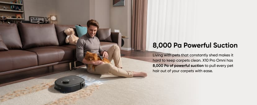 eufy X10 Pro Omni Robot Vacuum and Mop Combo, 8,000 Pa Suction, Dual Mops with 12 mm Auto-Lift and Carpet Detection, AI Obstacle Avoidance, Auto Mop Washing, Auto Drying, Self-Emptying, Self-Refilling