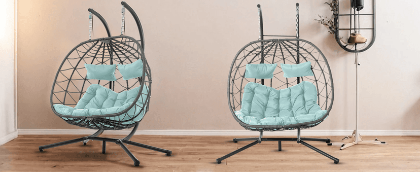 2 Person Double Egg Swing Chair with Stand Indoor Outdoor, Hammock Egg Chair Outdoor, Patio Wicker Hanging Egg Chair w/Cushion 700LBS Capacity for Bedroom, Balcony, Garden, Dark Grey