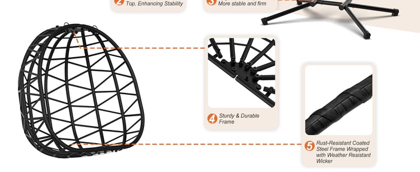 ZENPETIO Double Egg Chair with Stand, 2 Person Swing Egg Chair, Rattan Wicker Swing Chair with UV Resistant Cushion and Pillow, for Indoor Outdoor Bedroom Patio Hanging, Black