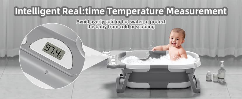 TPN Collapsible Baby Bathtub for Infants to Toddler with Real-time Temp Monitor+Floating Cushion,Foldable Baby Bath Tub Set Applicable 0-36 Month,Perfect Portable Travel Baby Tub for Newborns Boy