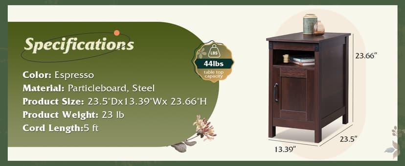 WLIVE End Table with Charging Station, Narrow Side Table for Living Room, Farmhouse Night Stand with Storage, Small Wooden Cabinet with USB Ports and Outlets for Living Room and Bedroom, Espresso