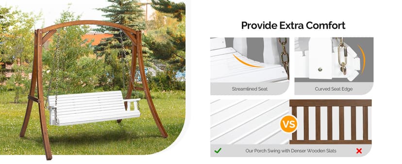 VINGLI Upgraded Patio Wooden Porch Swing for Courtyard & Garden, Heavy Duty 880 LBS Swing Chair Bench with Hanging Chains for Outdoors (5 FT, White)