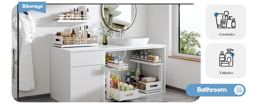 2 Pack Under Sink Organizer with Smooth Ball Bearing Slides, 2-Tier Pull Out Cabinet Storage, Slide Out Drawers for Bathroom and Kitchen, Under Sink Shelf, Rust-resistant Coating, Height Adjustable