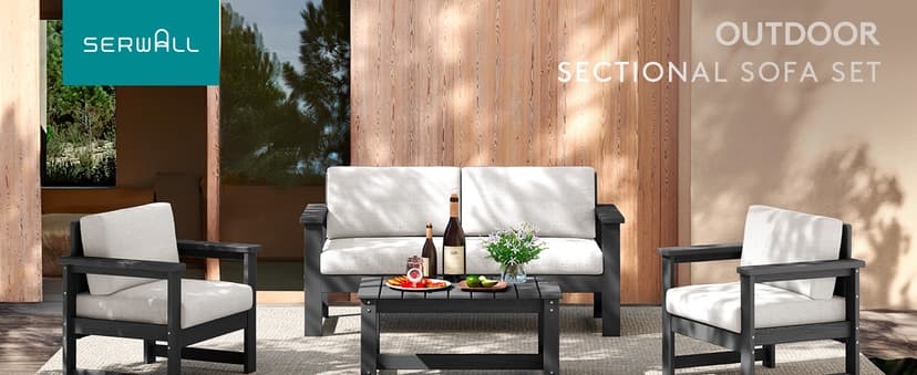 SERWALL 5 Pieces HDPE Outdoor Sofa Set with Cushions, All Weather Use Patio Conversation Couch Loveseat Furniture with Coffee Table for Balcony, Deck, Poolside, Grey Frame with Khaki Cushions