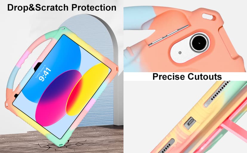 Adocham Kids Case for New iPad (A16) 11th Generation 11 Inch 2025/10th Generation 10.9 Inch 2022 Built-in Stand Handle,Lightweight Shockproof Silicone Kids Cover for iPad 10th/11th Gen (Rainbow)