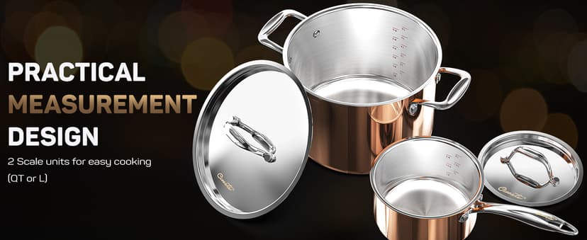 Whole Tri-ply 18/10 Stainless Steel Pot and Pan Set (10 Piece), Copper Pots and Pans Set with Stainless Steel Lid, Induction Cookware Set, Include Stock Pot, Saucepan, Frying Pan - Copper