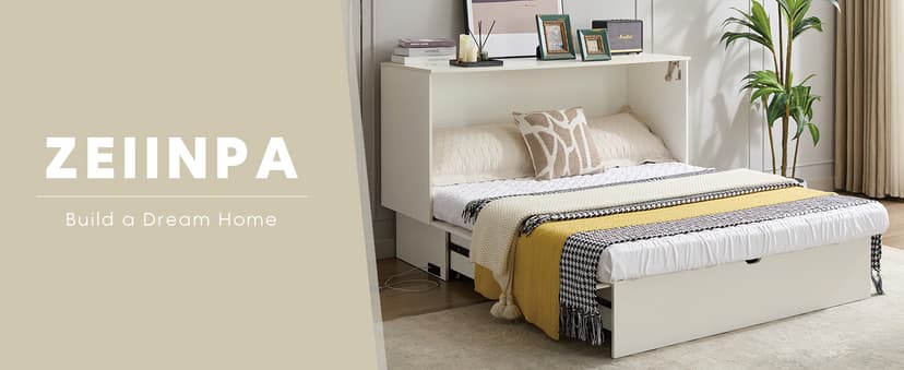 Queen Size Murphy Bed Cabinet with Charging Station & Storage Drawer, Wall-Mounted Tri-Fold Mattress Space Saver for Bedroom, Living Room, Office - White