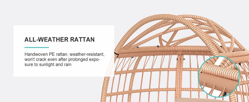 ZENPETIO Oversized Egg Chair, Indoor Outdoor Lounger with 4 UV Resistant Cushions, Storage Bag, All-Weather Wicker Egg Lounger Chair for Patio, Backyard, Living Room, 370lbs Capacity - Brown