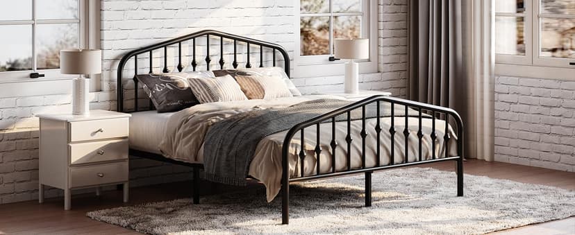 SHA CERLIN Queen Size Metal Platform Bed Frame with Victorian Style Wrought Iron-Art Headboard/Footboard, No Box Spring Required, Black