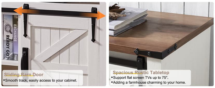 OKD Farmhouse TV Stand for 75 Inch TV with Sliding Barn Door, Rustic Wood Entertainment Center Large Media Console Cabinet Long Television Stands for 70 Inch TVs, Antique White