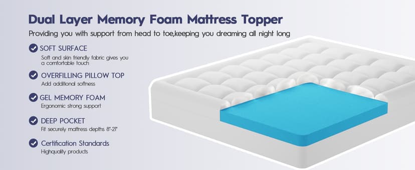 ELEMUSE Queen Size Dual Layer 3 Inch Memory Foam Mattress Topper, 2 Inch Cooling Gel Memory Foam and 1 Inch Thick Soft Pillow Top Mattress Pad Cover for Back Pain Relief, Bed Topper for Side Sleep