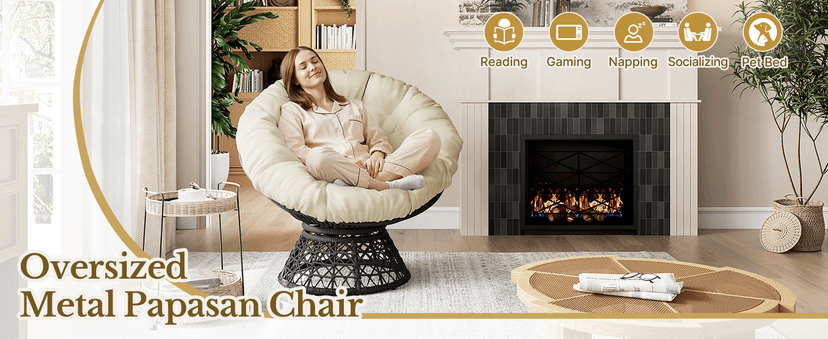 Yaheetech Indoor Papasan Chairs with Thick Tufted Cushions and Frame, Swivel Wicker Ergonomic Lounge Reading Chairs for Living Room/Bedroom, Beige