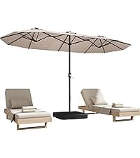 15ft Patio Umbrella with Base,Large Outdoor Double-Sided Rectangle Umbrella with Crank Handle, Market Umbrella for Poolside Garden Deck Backyard Beach Pools, Beige