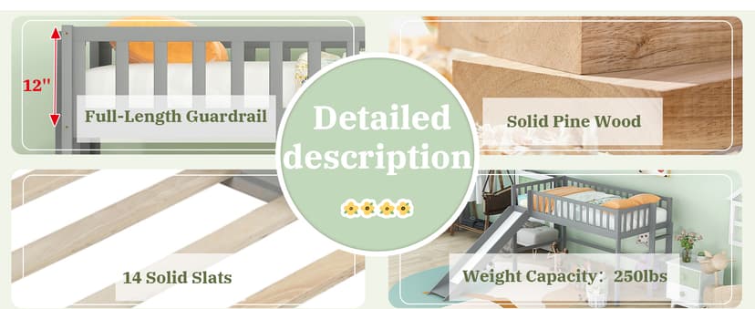 Bellemave Twin Size Loft Bed for Kids,Low Loft Bed with Slide and Ladder,Wood Loft Bed Twin for Girls Boys,Grey