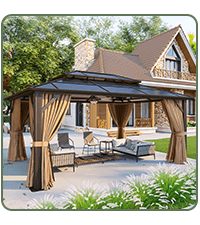 Aoxun 12'x10' Hardtop Gazebo, Aluminum Frame Permanent Pavilion with Curtains and Netting, Outdoor Polycarbonate Double Roof Canopy, Designed for Garden, Lawns, Patio, Brown