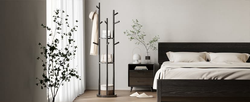 KungFuWood Coat Rack, Solid Wood Rotary Coat Rack Stand, Freestanding Coat Rack with 3 Shelves and 9 Hooks, Sturdy and Easy to Assemble Coat Tree for Entryway, Bedroom, Coats, Bags (Black)