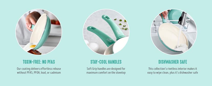 GreenLife Soft Grip 16 Piece Cookware Set, Non-Toxic PFAS-Free Ceramic Nonstick, Pots, Frying, Sauce, Saute, Glass Lids, Stay-Cool Handles, Wobble Free Bases, Dishwasher & Oven Safe, Turquoise
