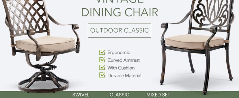 9 Piece Cast Aluminum Outdoor Dining Set, Retro Patio Dining Furniture Set for 8 Includes 86” Table 2 Swivel & 6 Stackable Lattice Chairs with Cushions and 2“ Umbrella Hole for Porch Poolside Garden